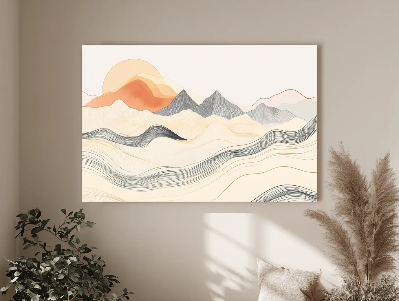 Minimalist Line Art Mountain Sunset - Abstract Landscape Wall Art
