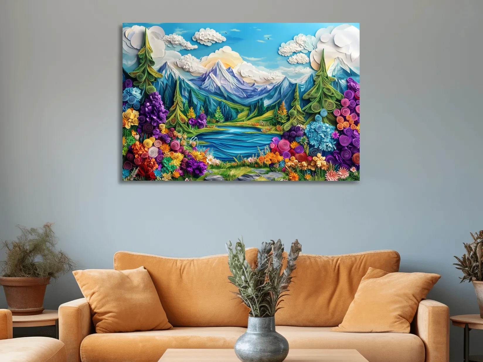 Vibrant alpine meadows artwork, 3D paper quilling effect