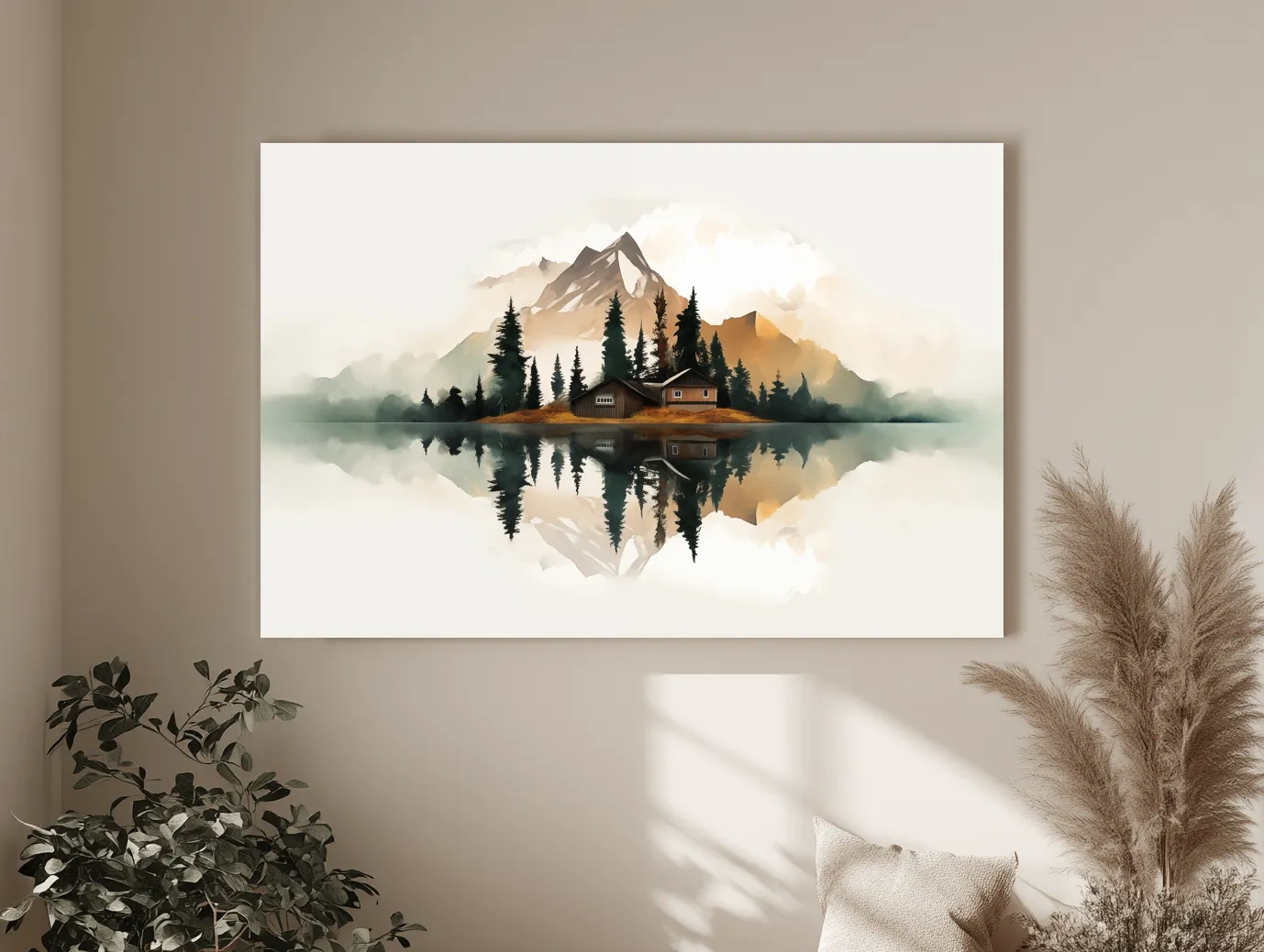 Minimalist Mountain Cabin Lake Reflection - Misty Watercolor Landscape Wall Art