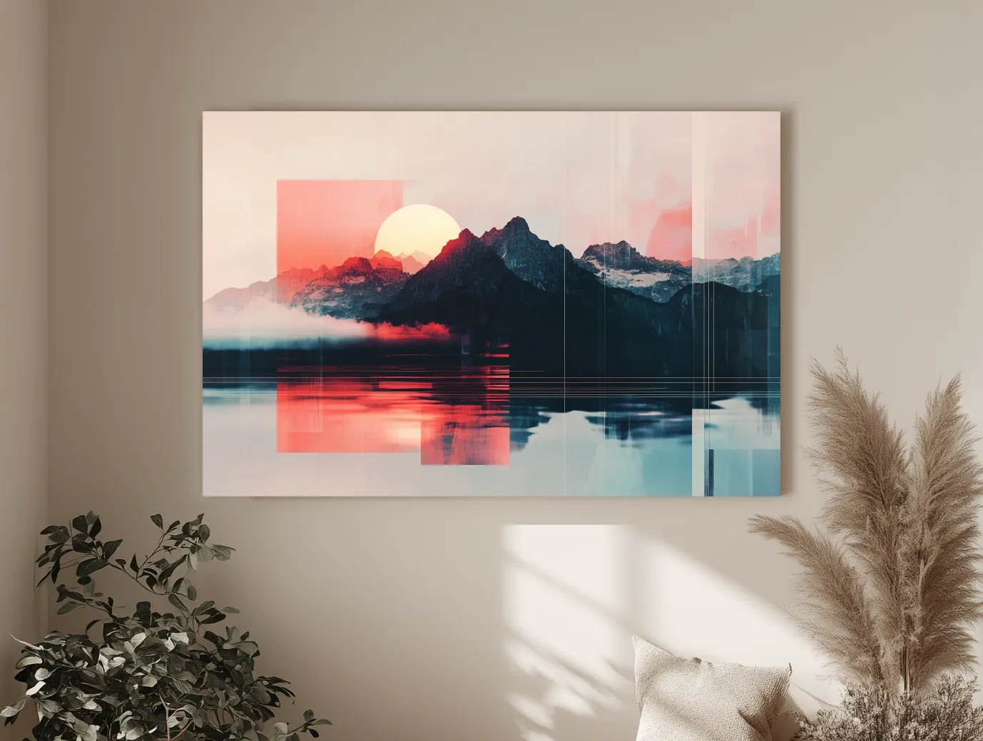 Abstract Alpine Mountain Sunset Reflection - Modern Geometric Glitch Wall Art