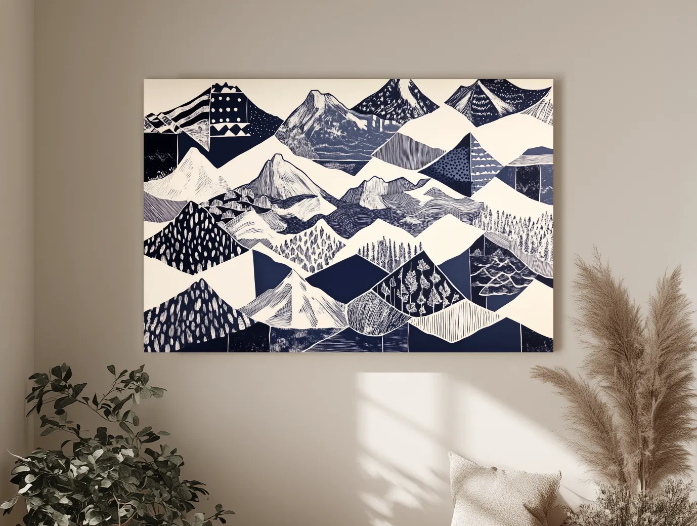 Linocut Patchwork Mountain Range Illustration - Modern Landscape Artwork