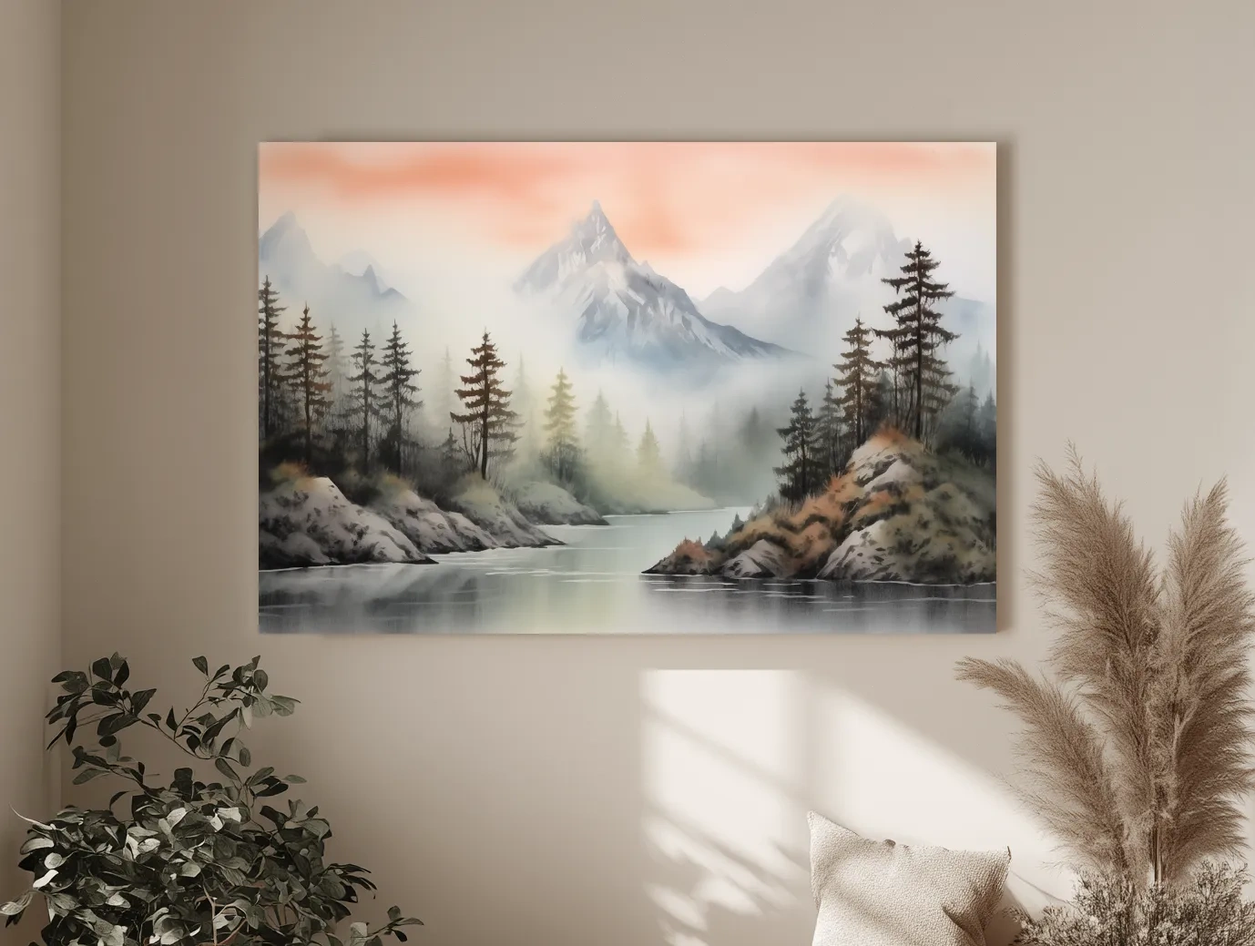 Misty Watercolor Mountain Lake Landscape - Serene Pine Forest Wall Art