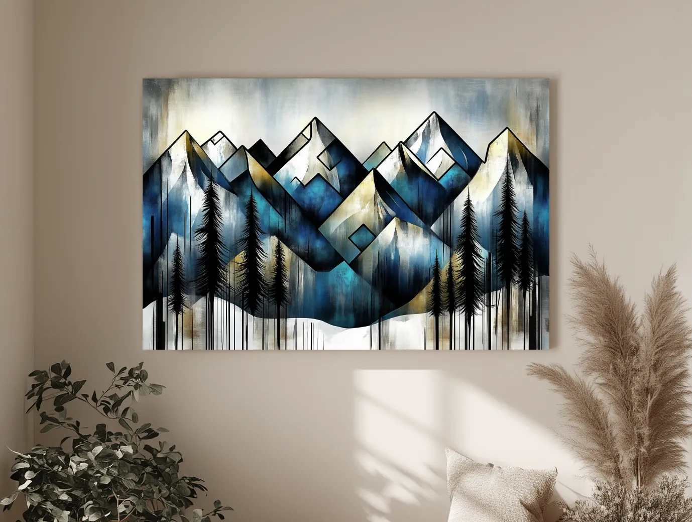 Geometric Mountain Peaks With Pine Trees - Modern Abstract Landscape Artwork