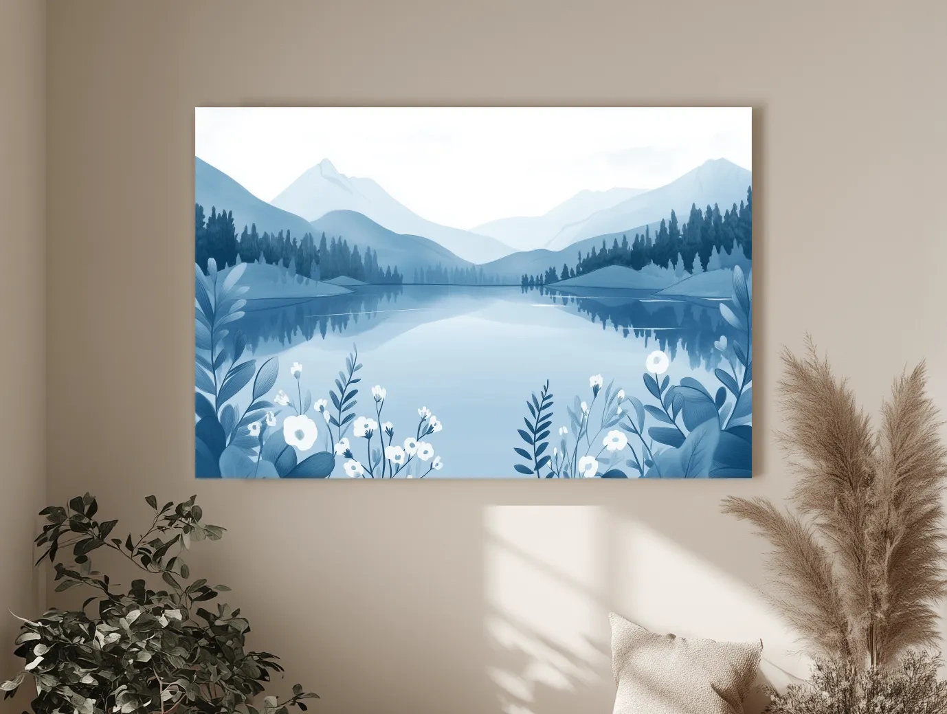 Serene Mountain Lake Illustration - Minimalist Alpine Landscape Wall Art