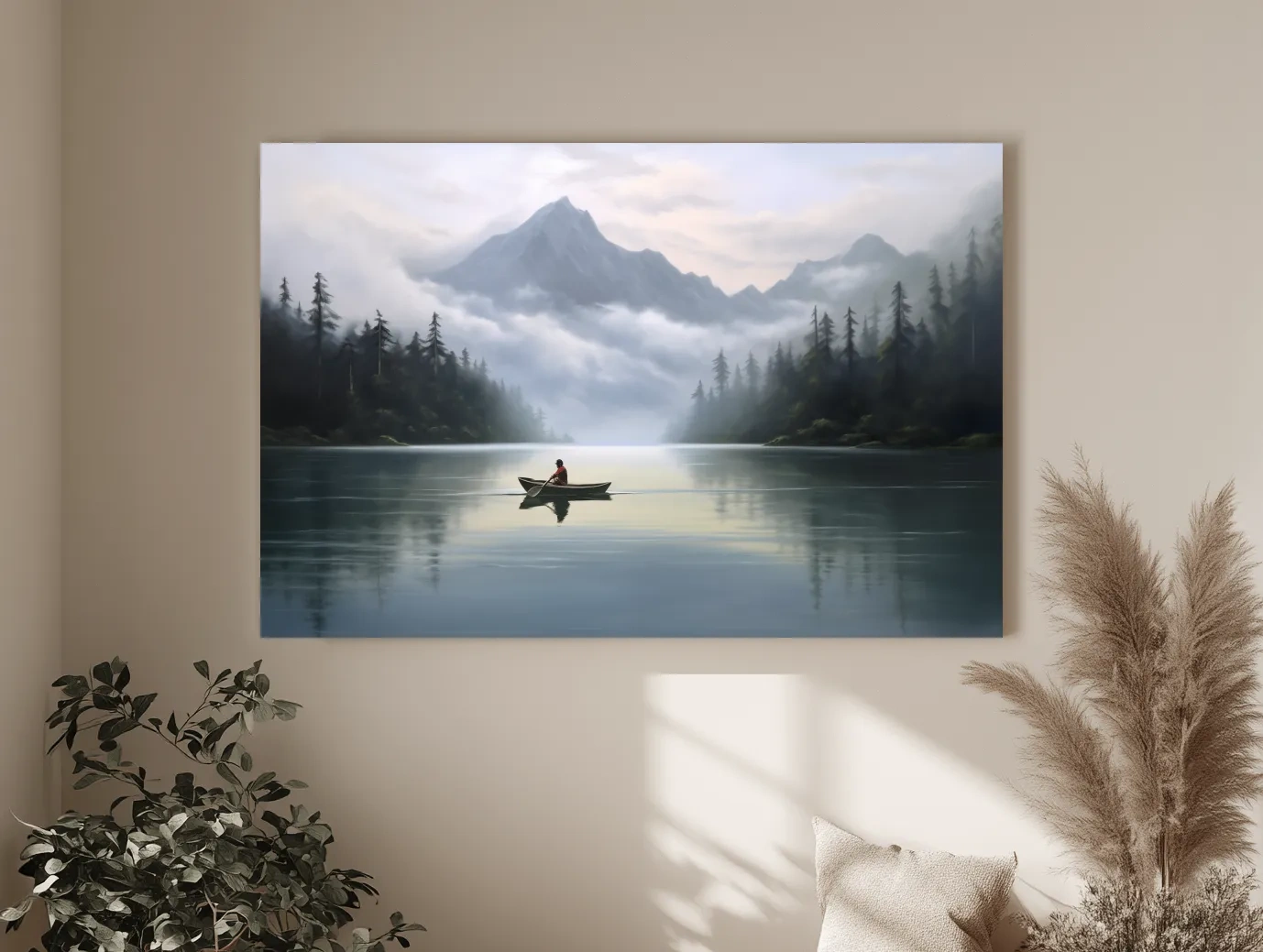 Misty Mountain Alpine Lake Canoe Scene - Serene Landscape Wall Art