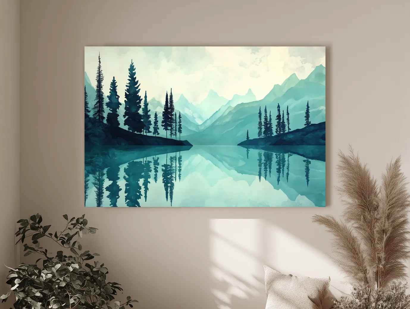 Treelined Alpine Lake Reflection - Watercolor Forest Wall Art