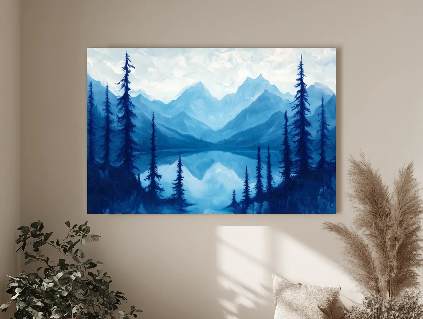 Serene Blue Mountain Lake Oil Painting - Alpine Forest Landscape Artwork