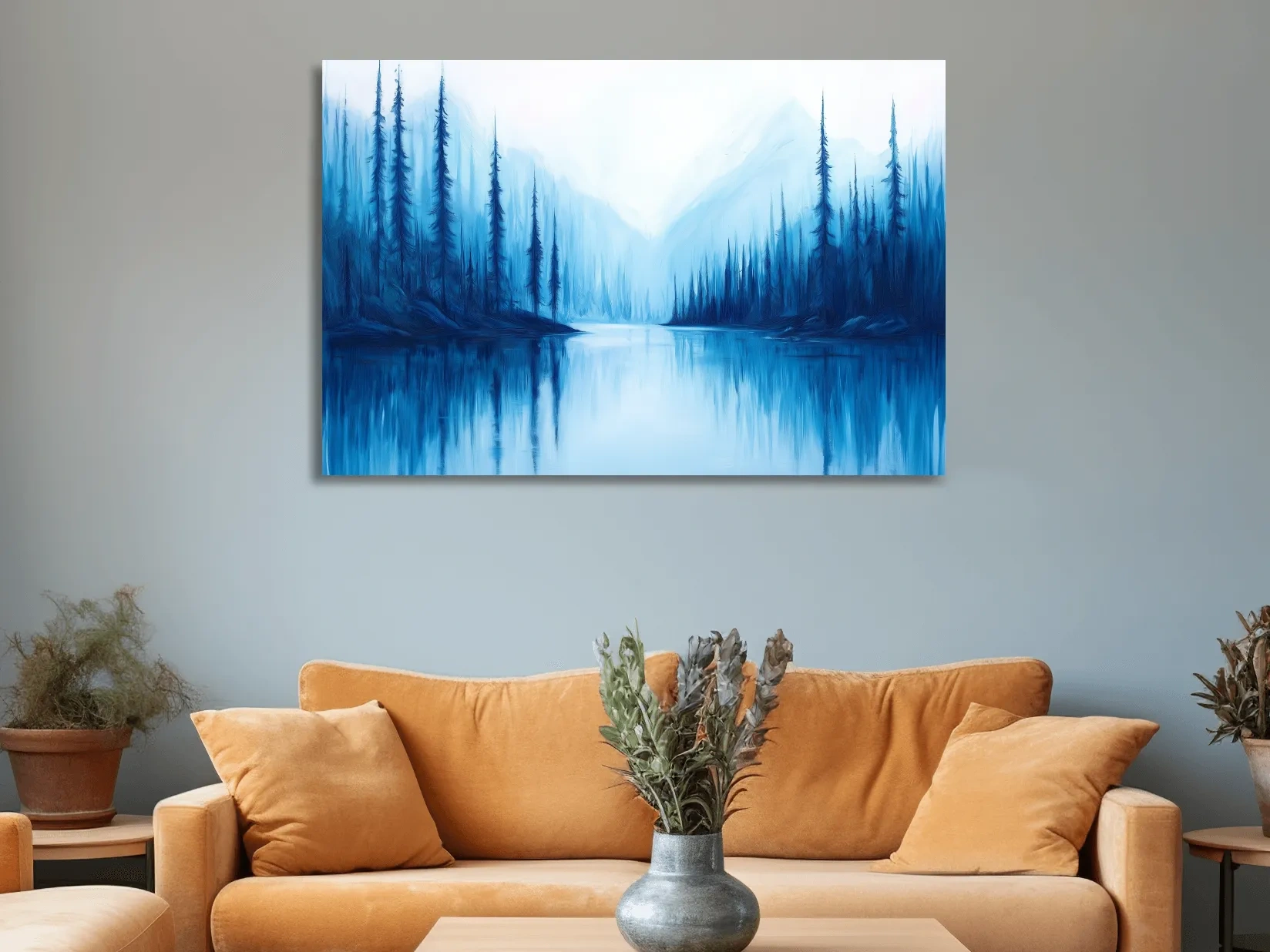 Misty Blue Alpine Lake & Pine Forest - Impressionist Landscape Painting Artwork