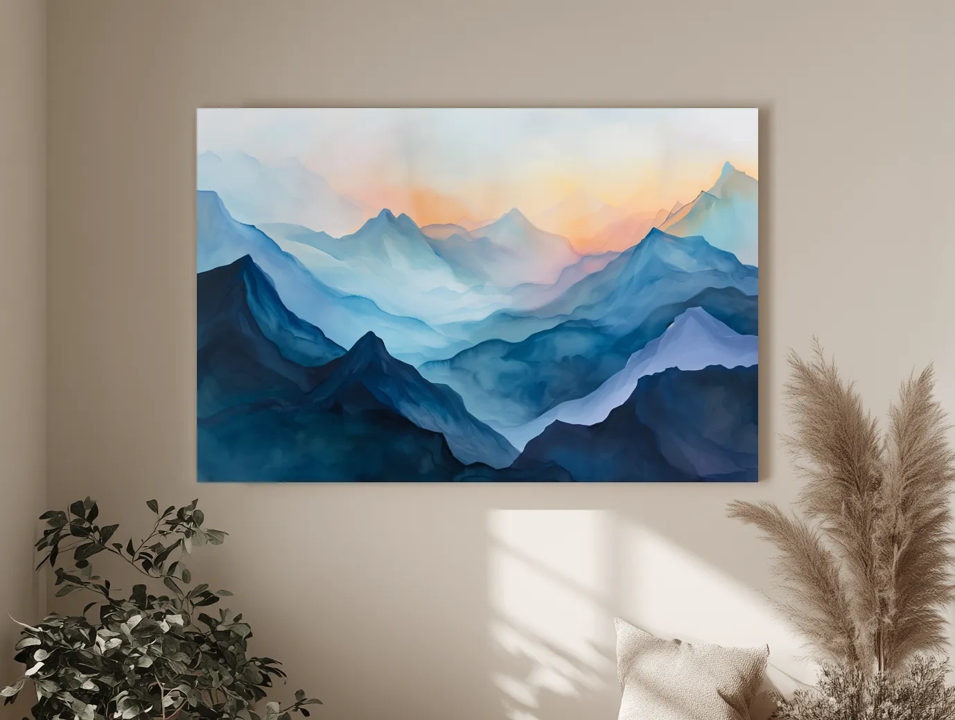 Misty Sunrise Watercolor Mountain Range - Serene Abstract Landscape Wall Art
