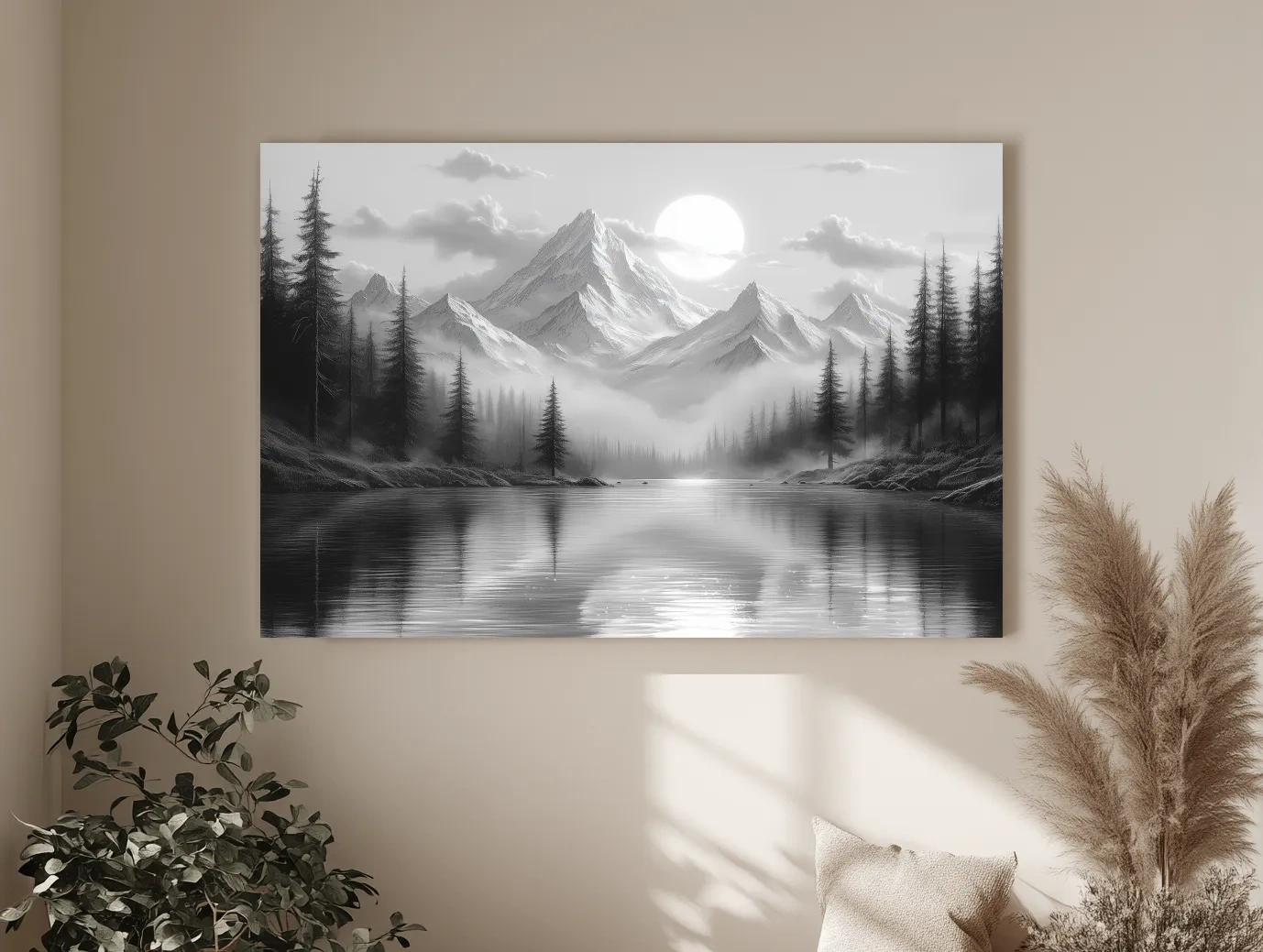 Monochrome Misty Alpine Lake Landscape - Mountain Forest Wall Art