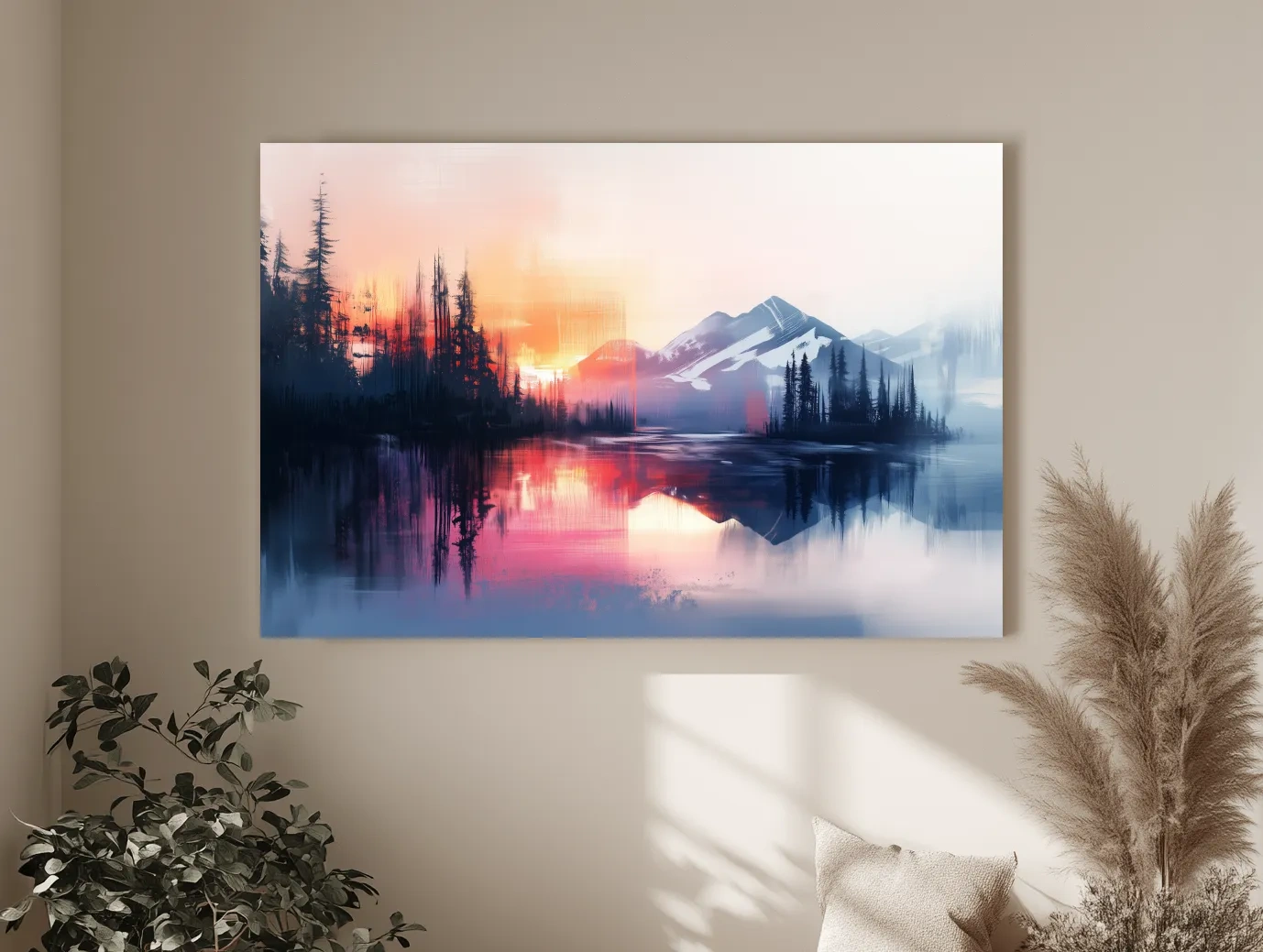Vibrant Sunset Alpine Mountain Lake Reflection - Abstract Watercolor Forest Wall Art
