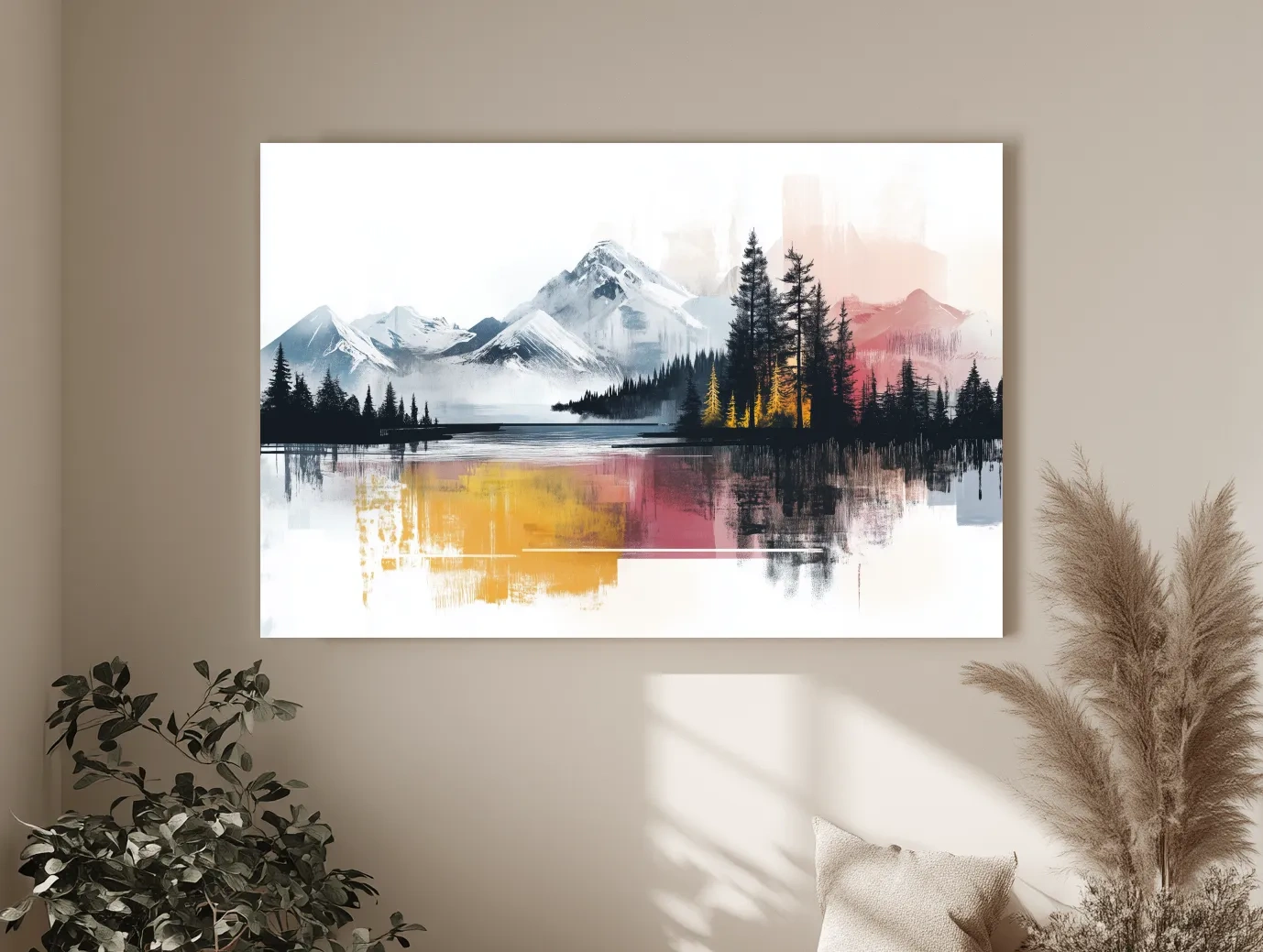 Abstract Misty Mountain Lake Painting - Modern Watercolor Pine Forest Art