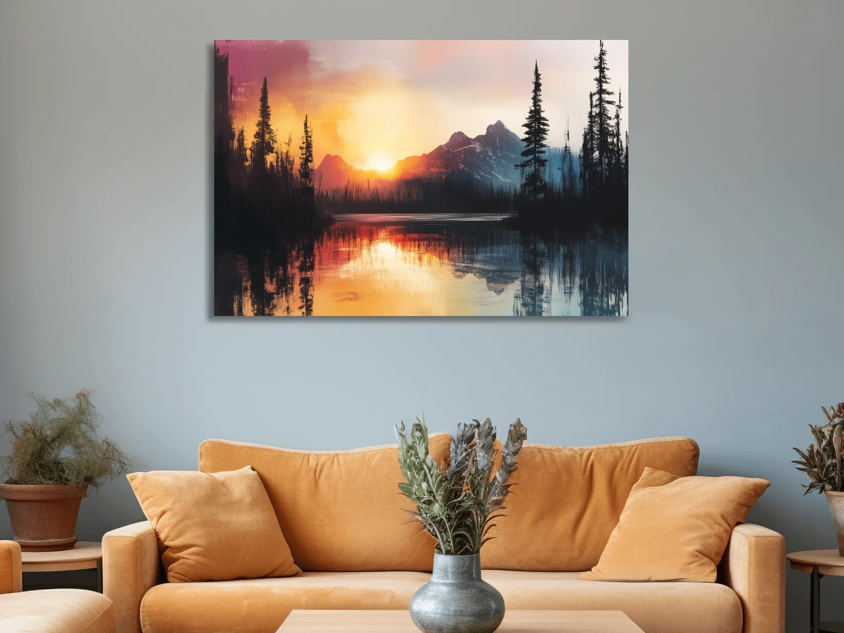Sunset Mountain Lake Reflection Painting - Dramatic Pine Forest Landscape Wall Art