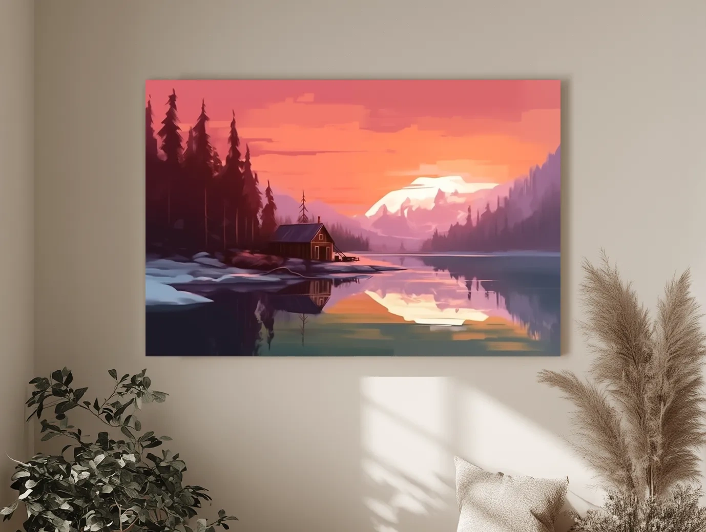 Sunset Mountain Lake Cabin Painting - Serene Alpine Landscape Wall Art