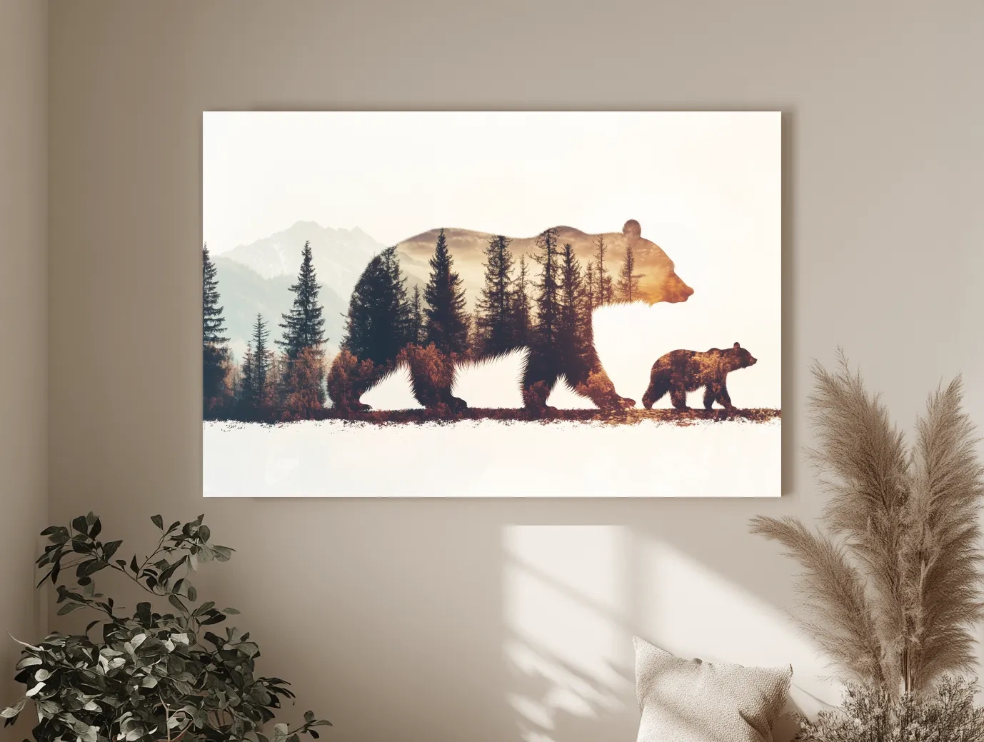 Rustic Double Exposure Bear Family - Sunset Forest Wildlife Wall Art