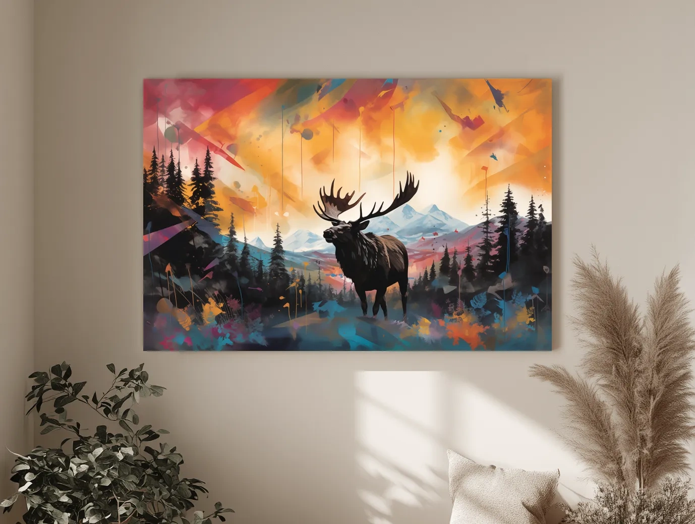 Vibrant Abstract Moose Mountain Painting - Colorful Wildlife Wall Art