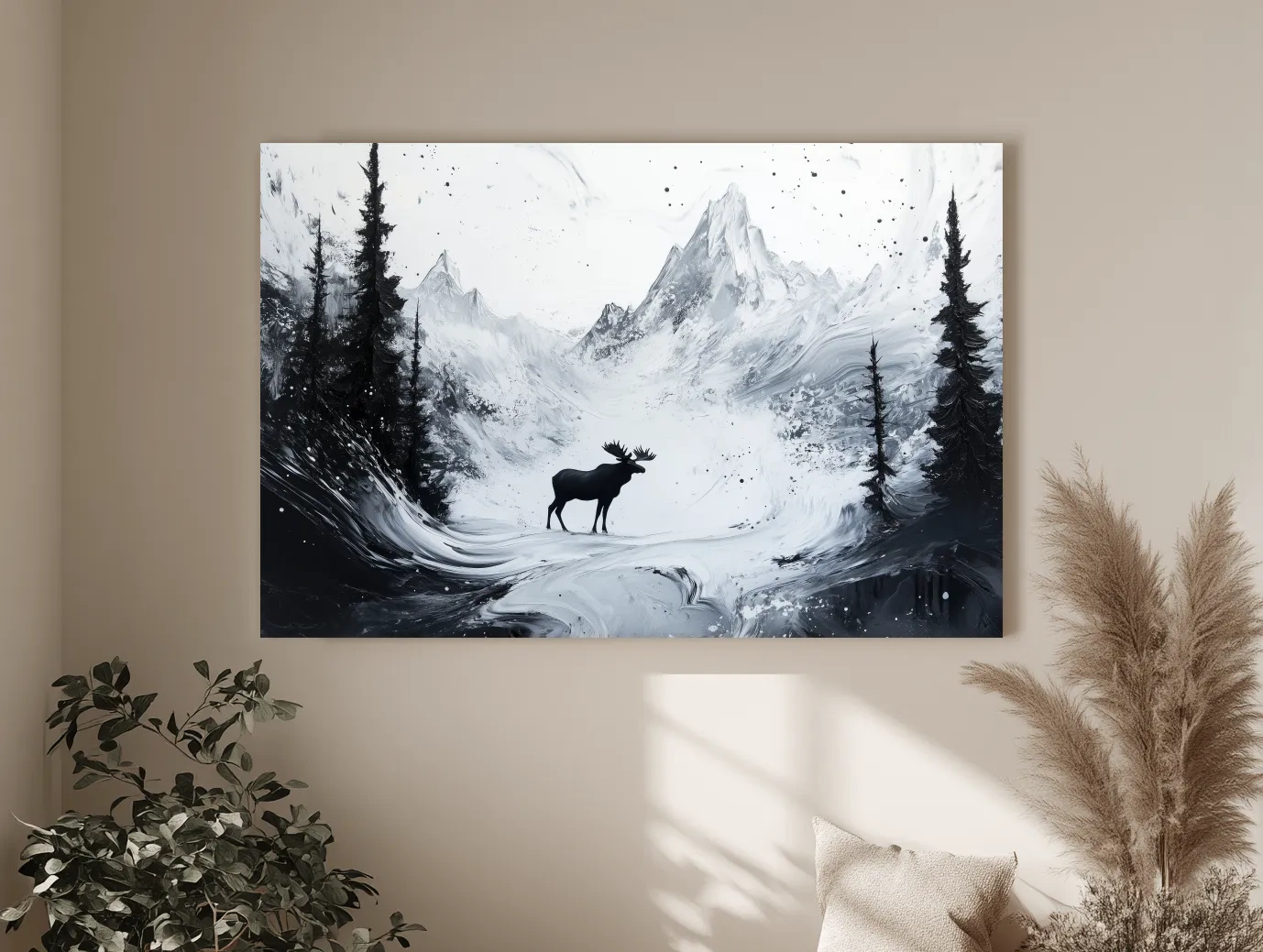 Moody Monochrome Moose Alpine Meadows - Abstract Ink Wash Wildlife Wall Art