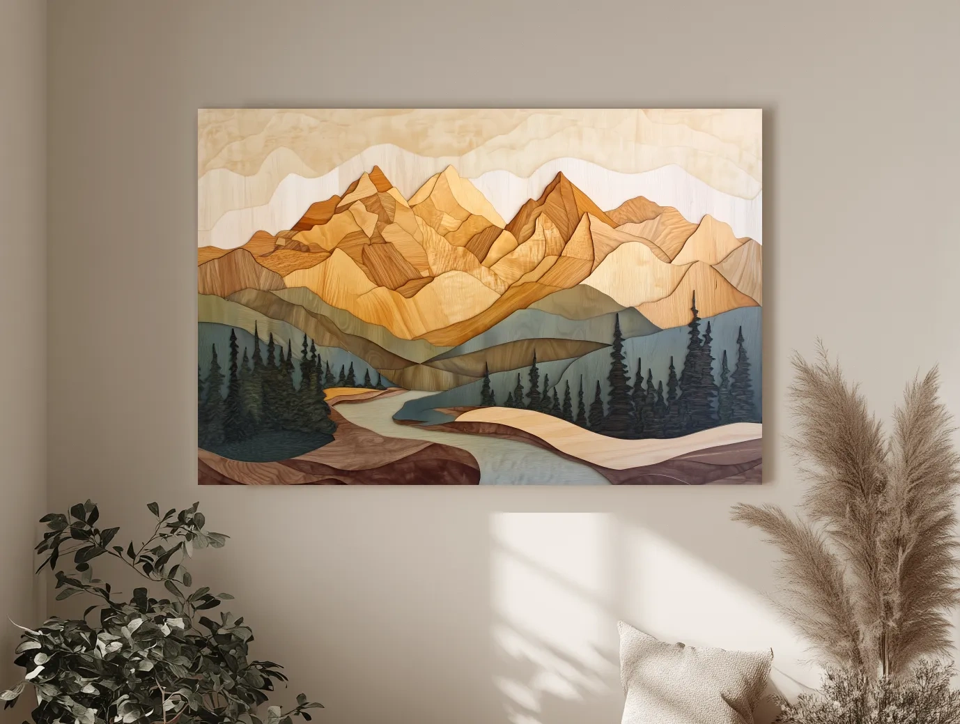 Wood Intarsia Mountain Landscape - Warm Earth Tone Alpine Forest Wall Art