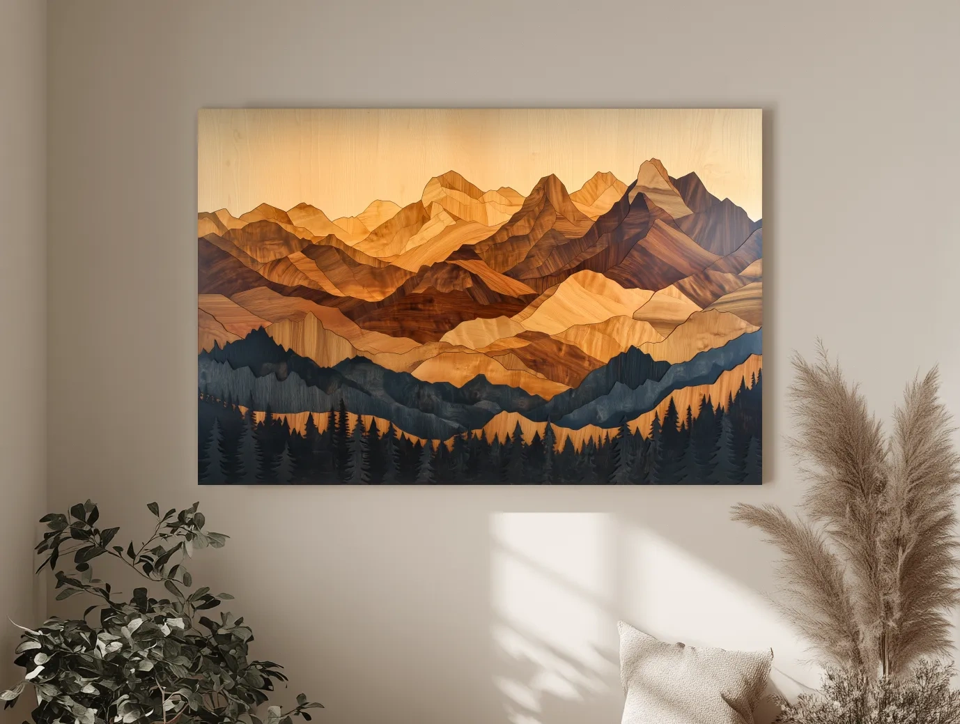 Layered Woodcut Intarsia Mountain Range Landscape - Peaks And Pine Forest Wall Art