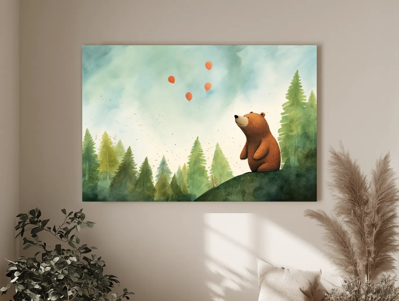 Whimsical Watercolor Bear Watching Balloons - Cute Nursery Forest Wall Art