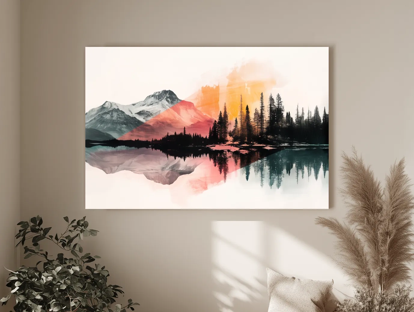 Abstract Alpine Lake Reflection Painting - Modern Watercolor Forest Landscape Wall Art