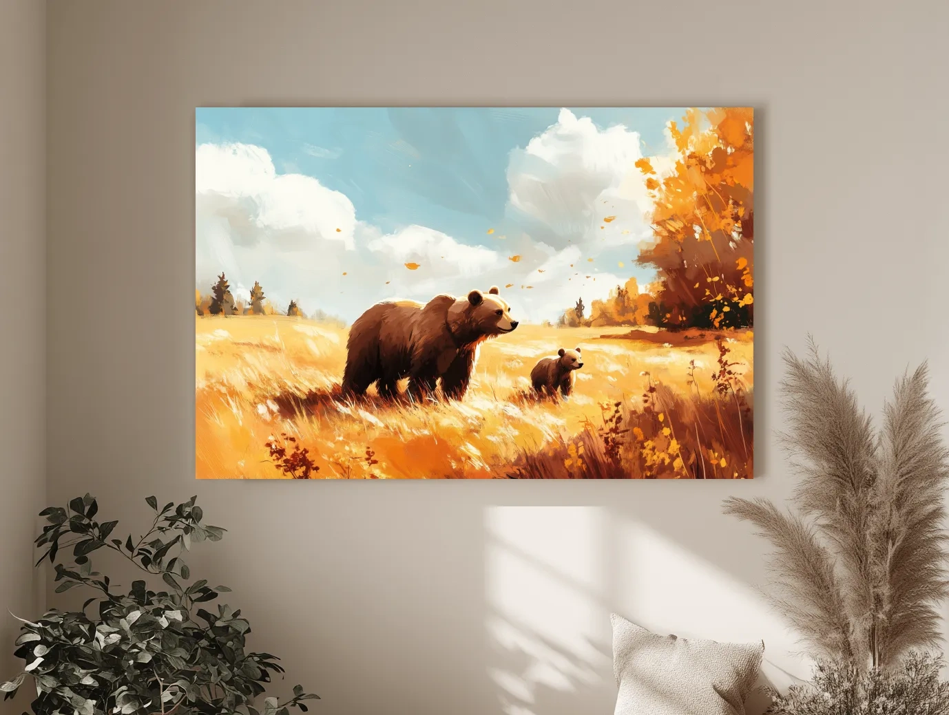 Autumn Grizzly Bear & Cub Painting - Warm Golden Wildlife Wall Art