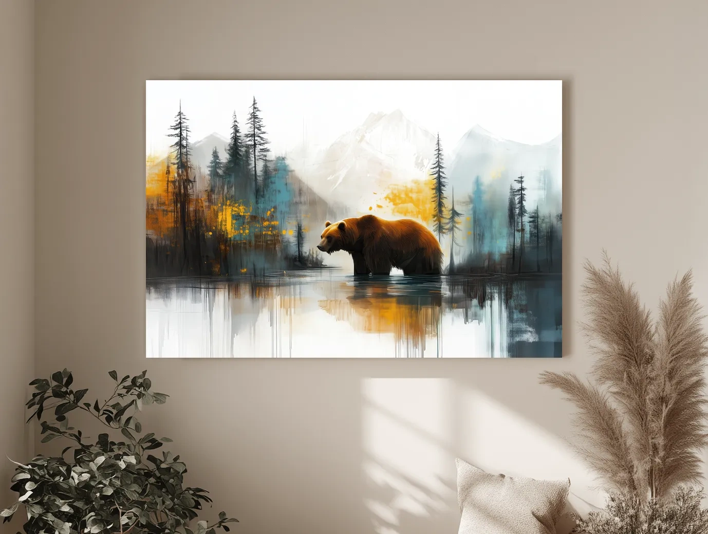 Grizzly Bear Lake Reflection - Misty Mountain Forest Watercolor Style Artwork