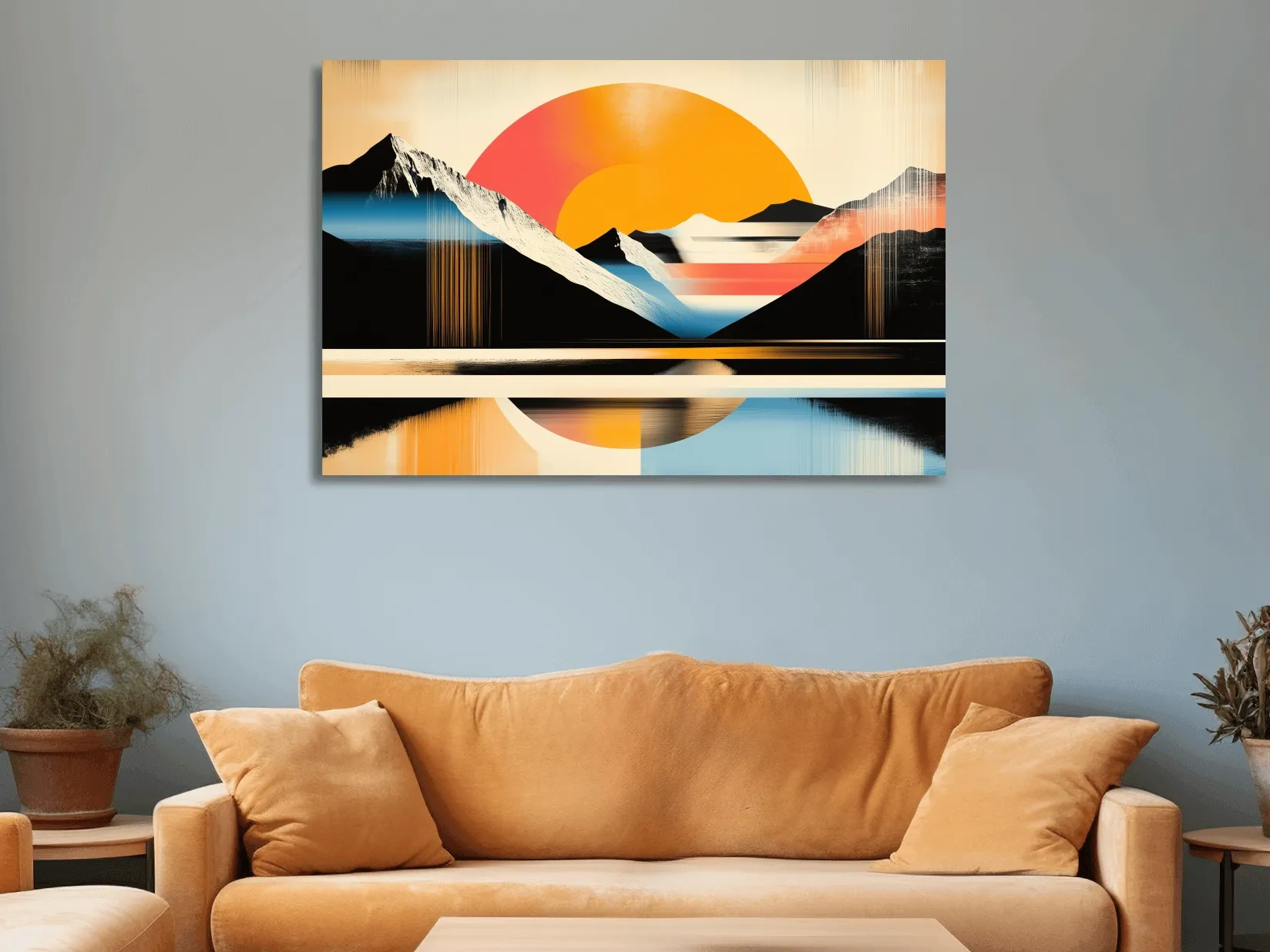 Retro Abstract Alpine Lake Sunset Artwork - Geometric Landscape Wall Art
