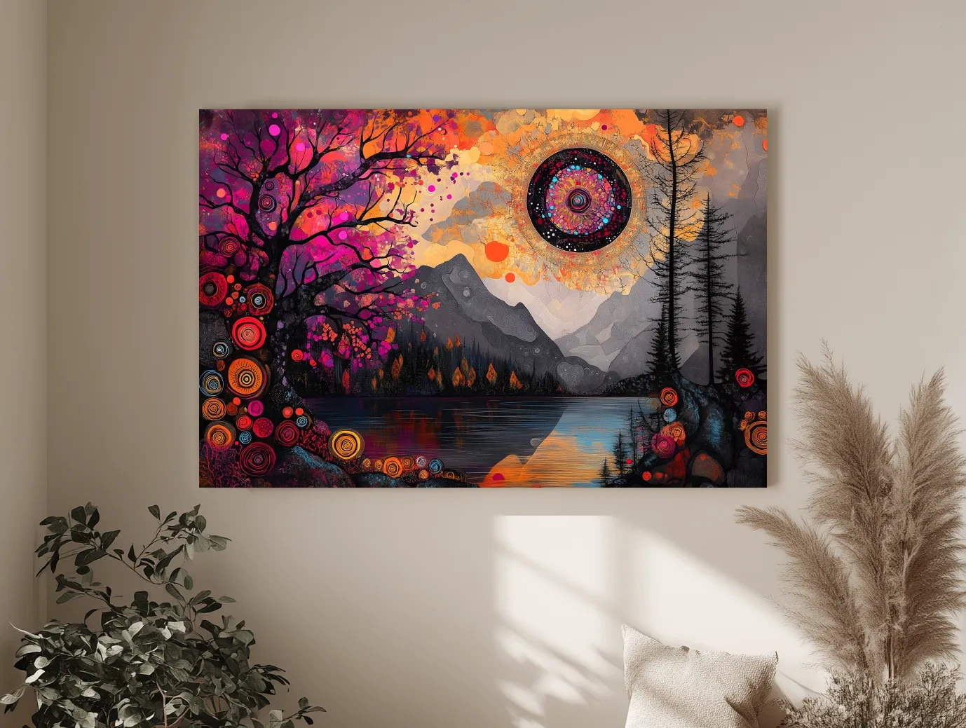 Psychedelic Mountain Lake Sunset Mandala - Vibrant Surreal Landscape Wall Art