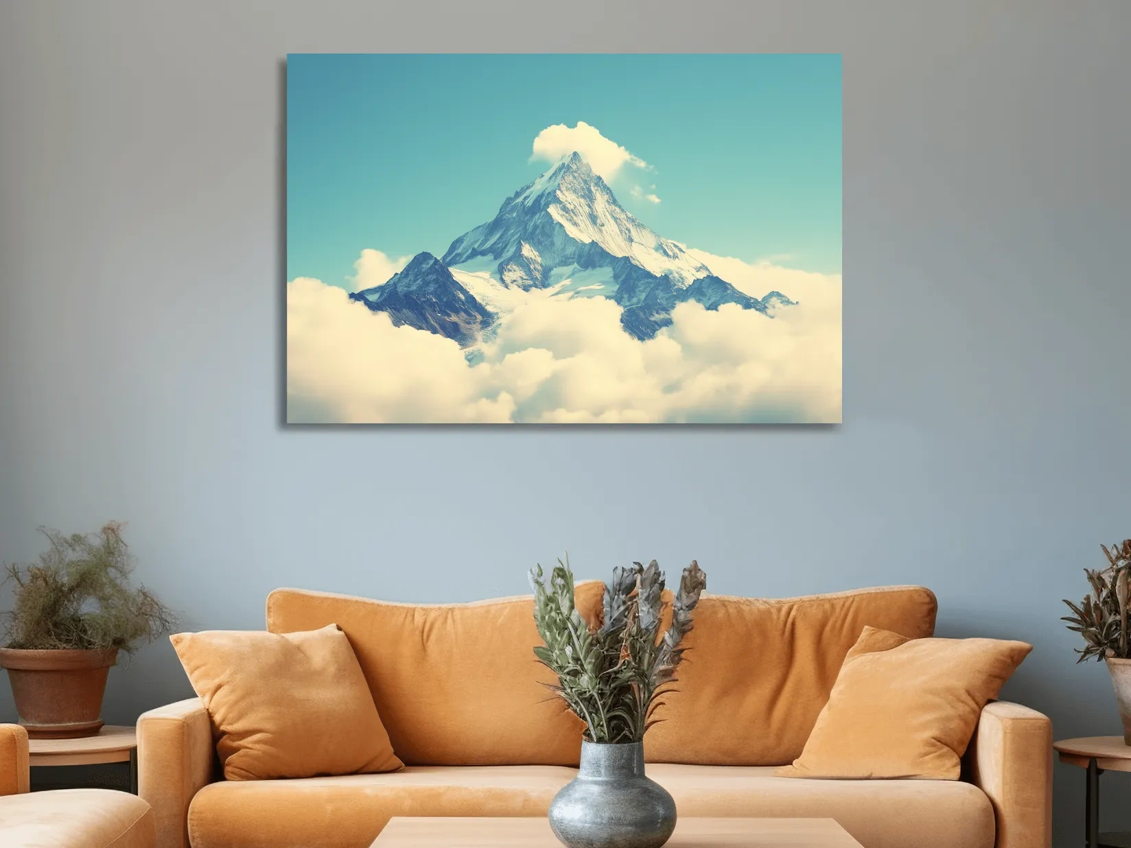 Minimal painting of a mountain peak emerging through clouds, serene artwork with soft blue sky