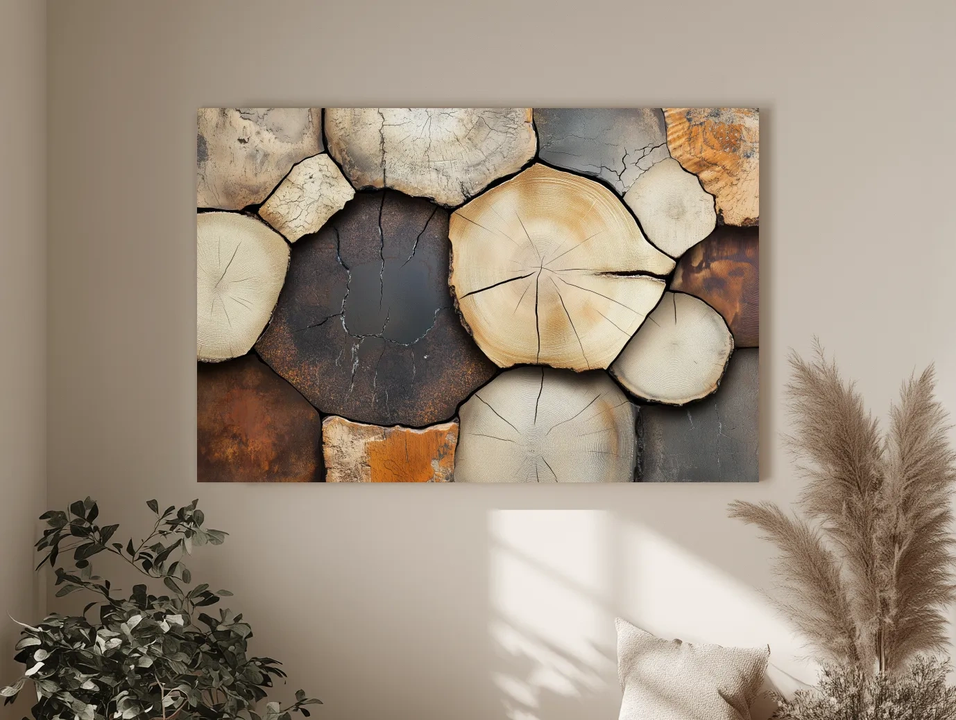 Rustic Stacked Firewood Log Cross Sections - Warm Neutral Wood Texture Wall Art Print