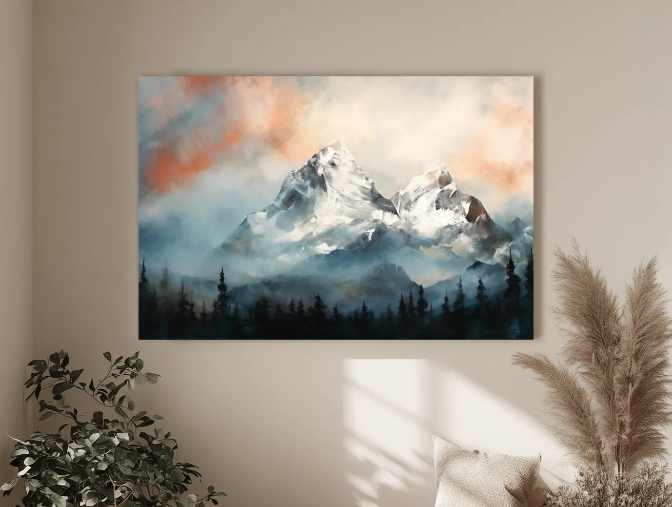 Misty Snowcapped Mountain Peaks Painting - Alpine Sunset Wall Art