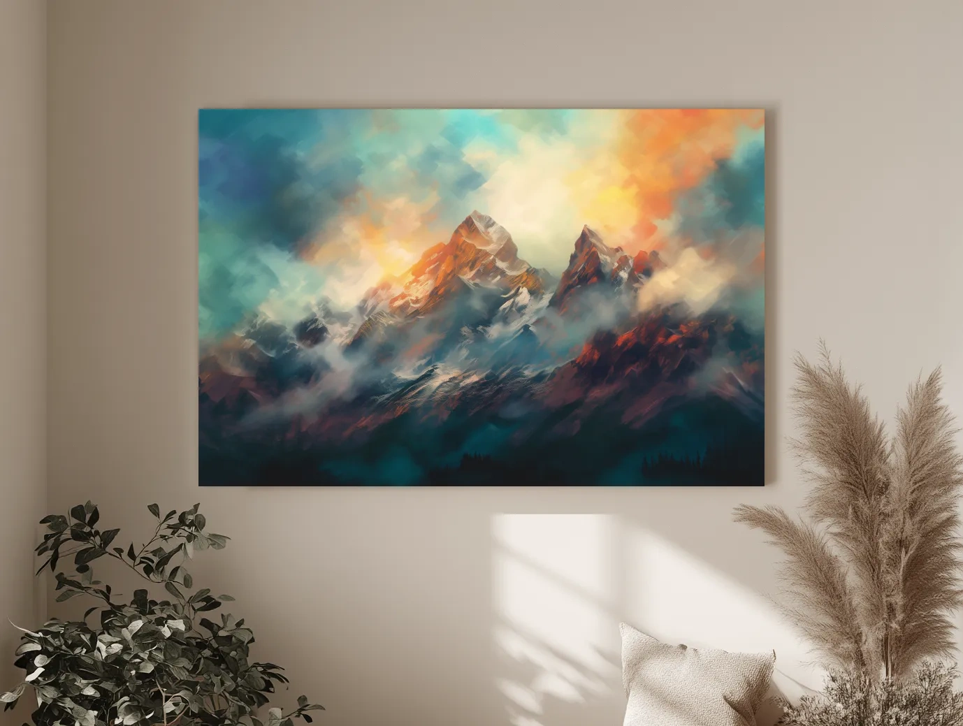 Abstract Sunrise Mountain Peaks Painting - Colorful Alpine Landscape Wall Art