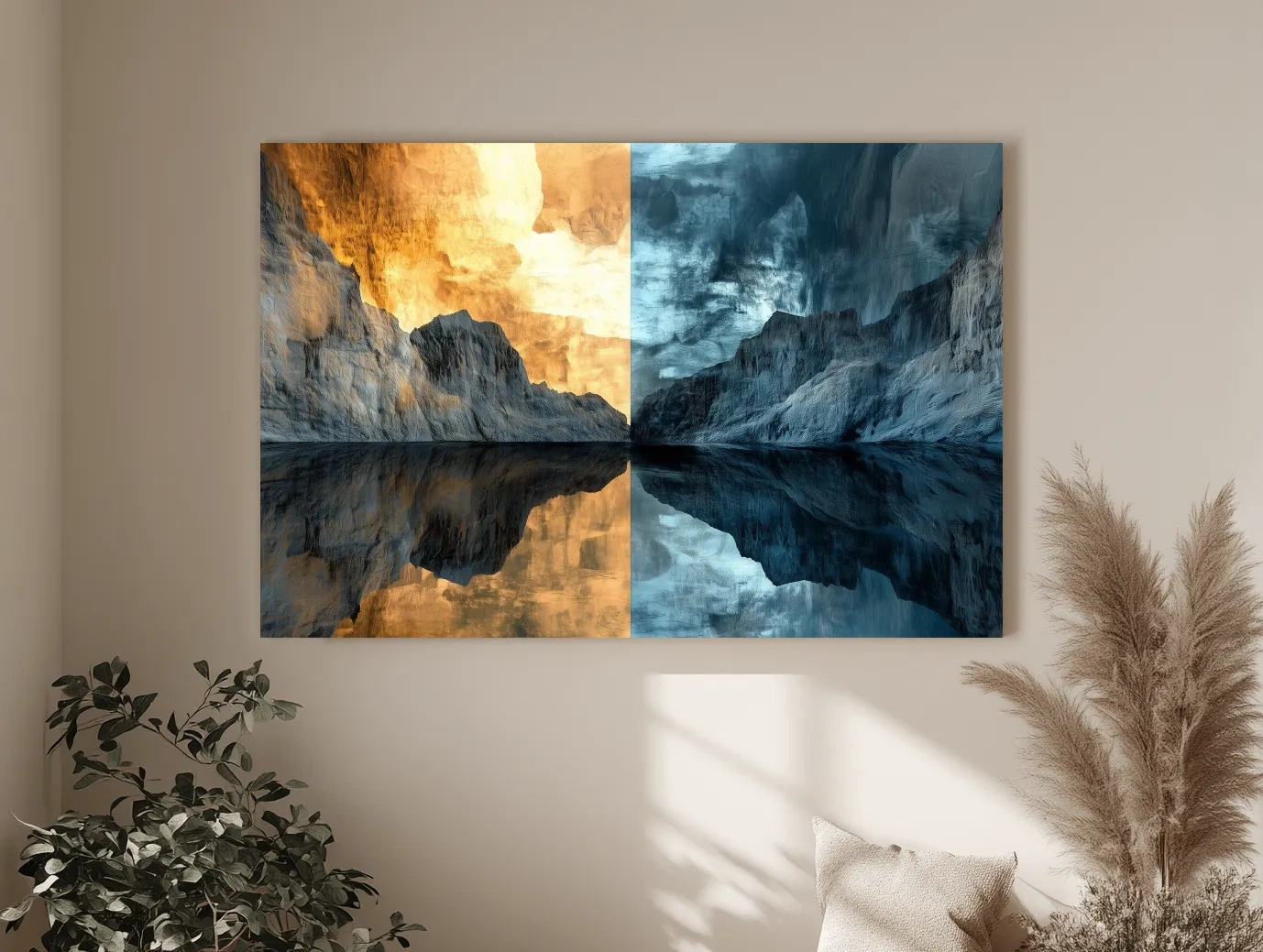 Split Tone Mountain Lake Reflection - Fiery Sunset Cool Twilight