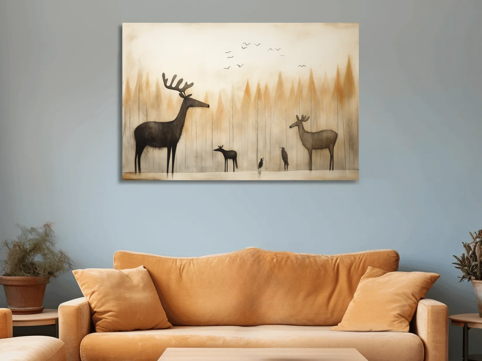 Minimalist Woodland Deer Family Illustration - Scandinavian Nursery Forest Wall Art