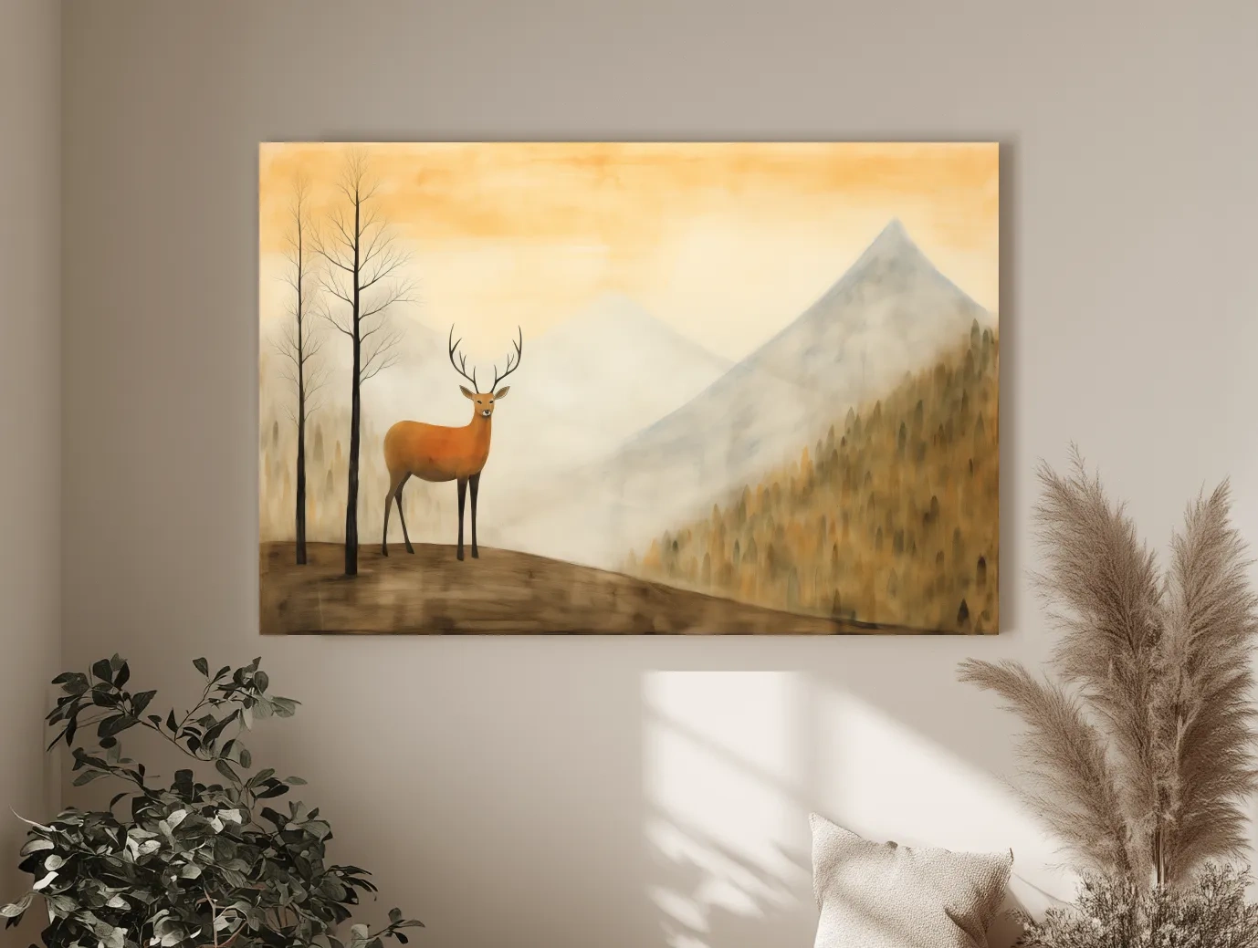 Deer Alpine Mountain Landscape Painting - Serene Foggy Forest Wall Art