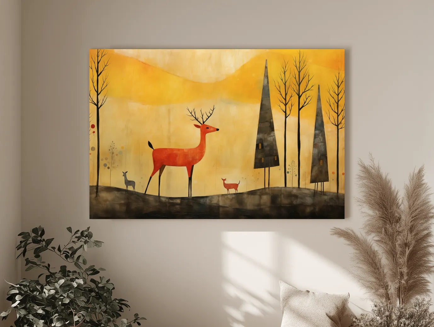 Whimsical Deer Forest Illustration - Autumn Woodland Landscape Wall Art