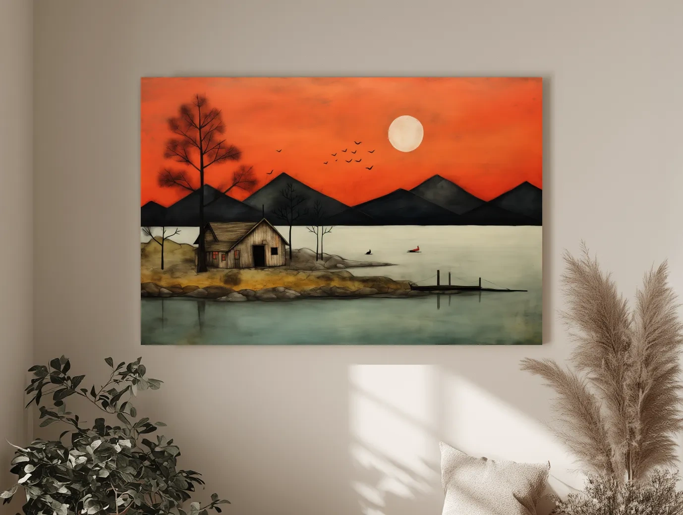Rustic Lakeside Cabin Sunset Painting - Mountain Wall Art