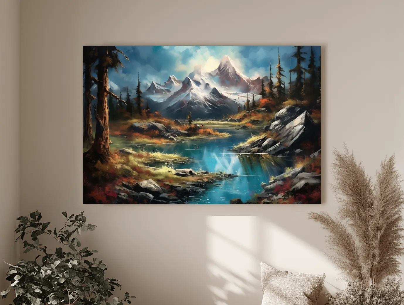 Serene alpine lake and snow-capped mountains wall artwork, vibrant scenic painting