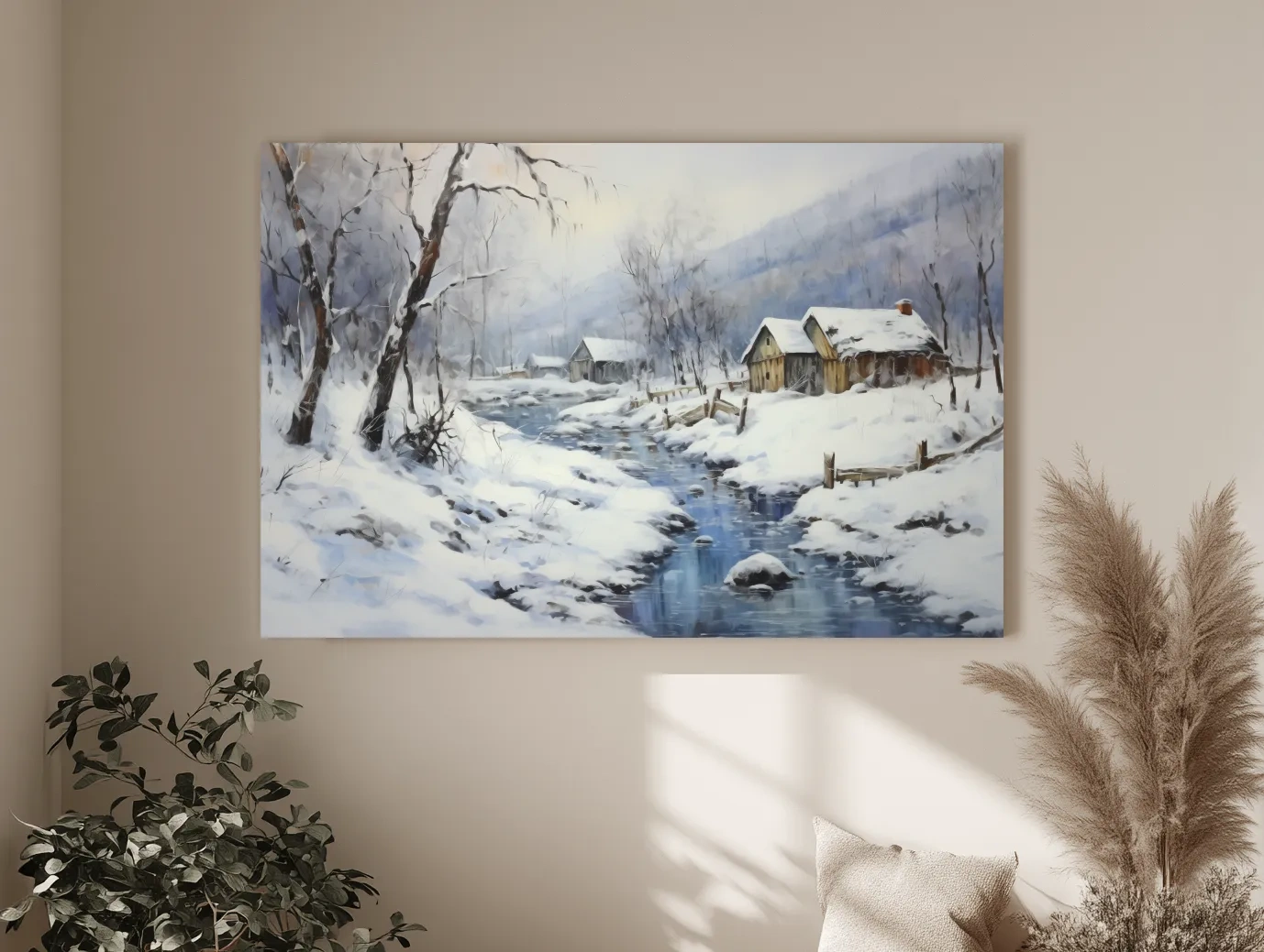 Snowy Winter Cabin Stream Landscape - Serene Rustic Wall Art