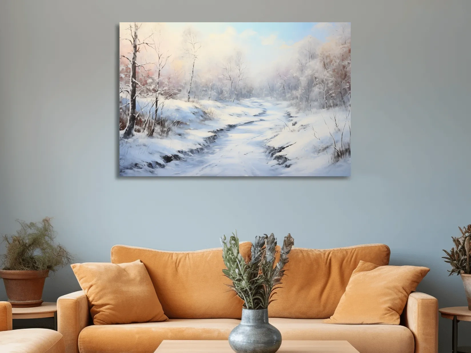 Winter landscape artwork, serene snowy forest path with soft pastel sky