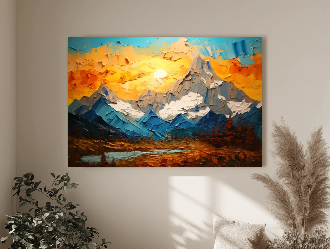 Palette Knife Style Mountain Sunset Painting - Vibrant Abstract Alpine Artwork