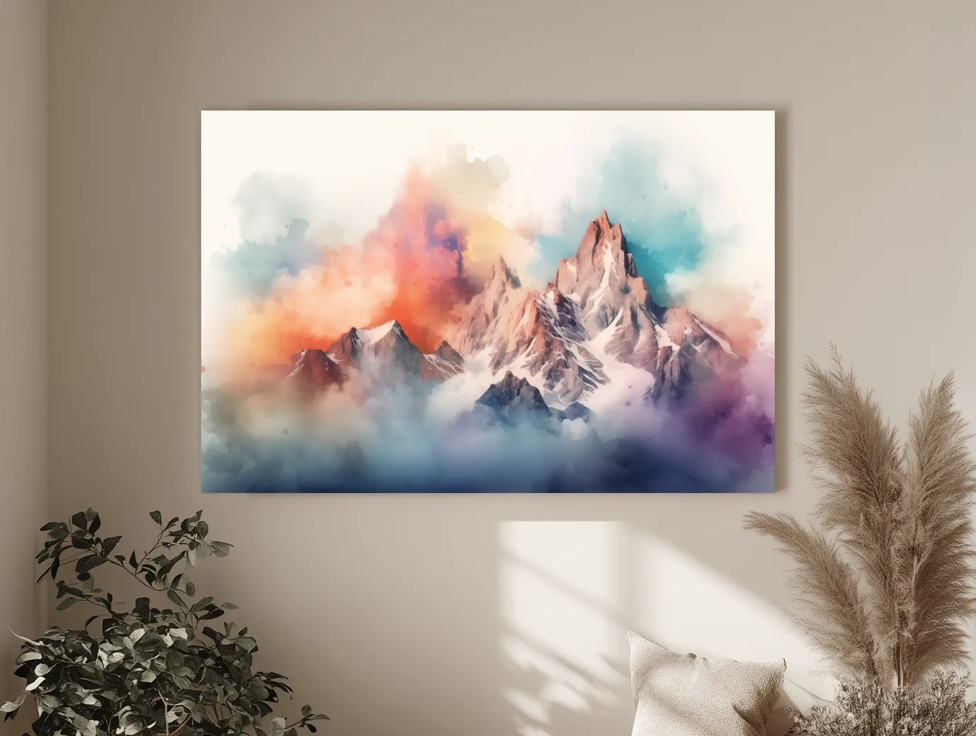 Vibrant Watercolor Alpine Mountain Peaks - Colorful Misty Artwork