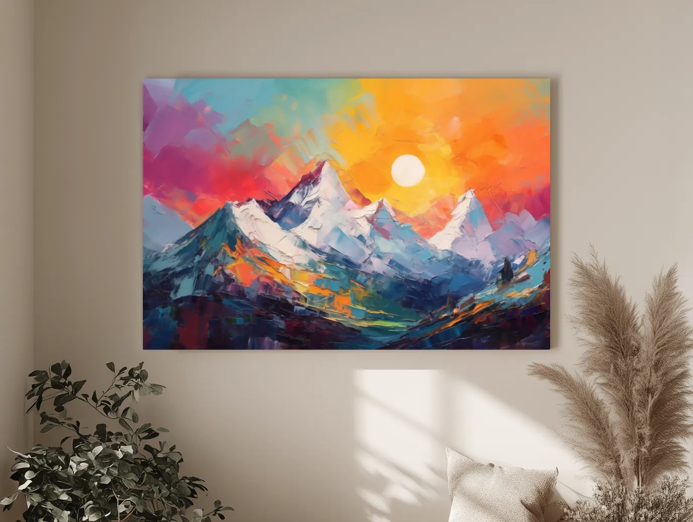 Vibrant Impasto Mountain Sunset Painting - Colorful Abstract Alpine Wall Art
