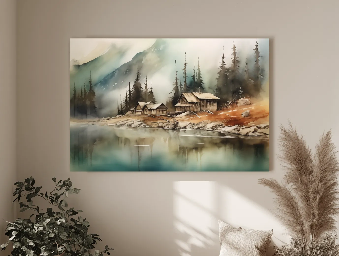 Rustic Lakeside Cabin Watercolor Landscape - Serene Alpine Mountain Wall Art
