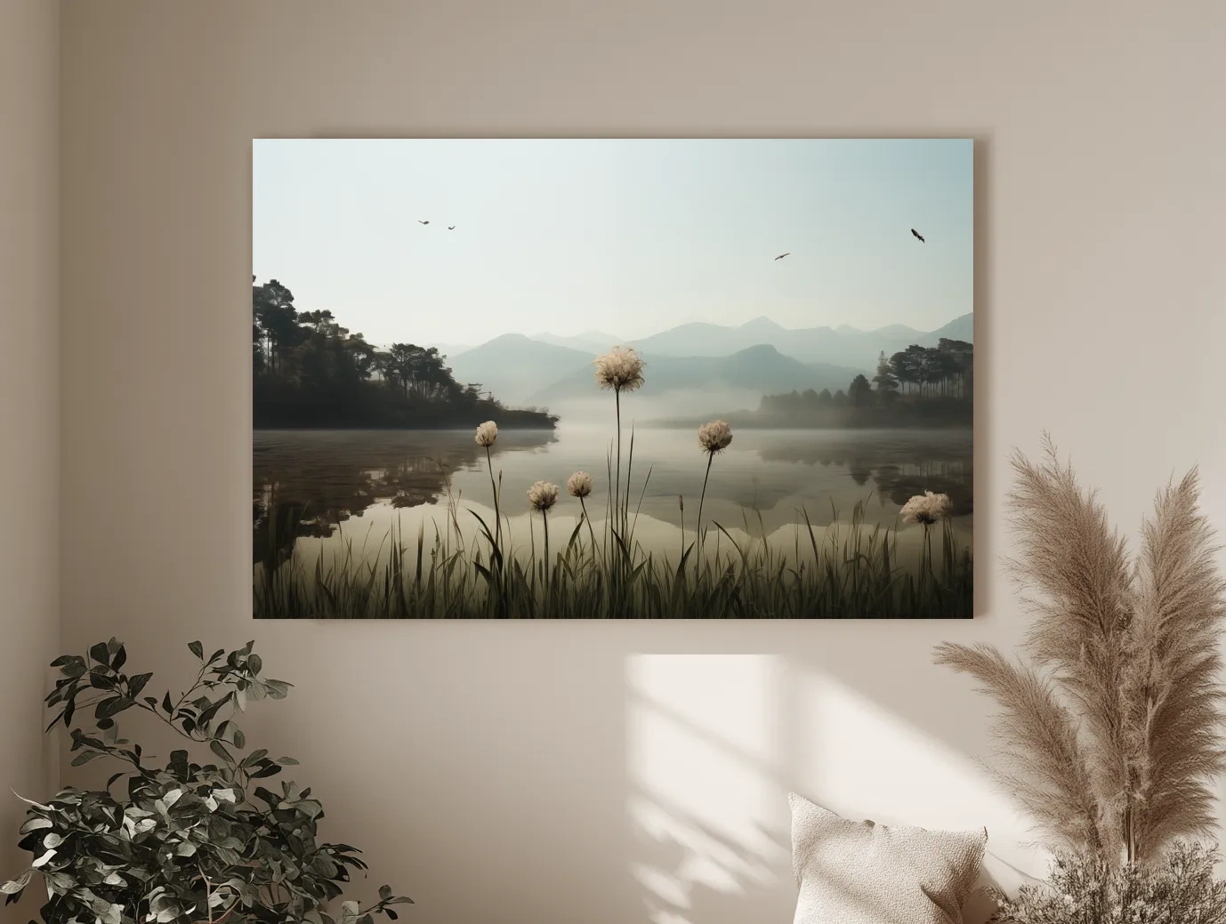 Misty Lake Painting With Wildflowers - Serene Landscape Wall Art