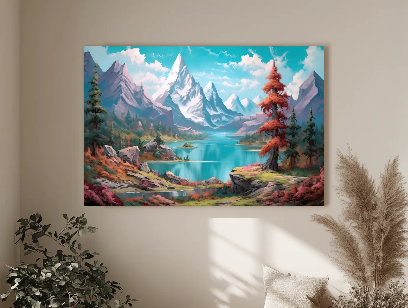 Vibrant Fantasy Alpine Lake Mountains - Surreal Colorful Artwork