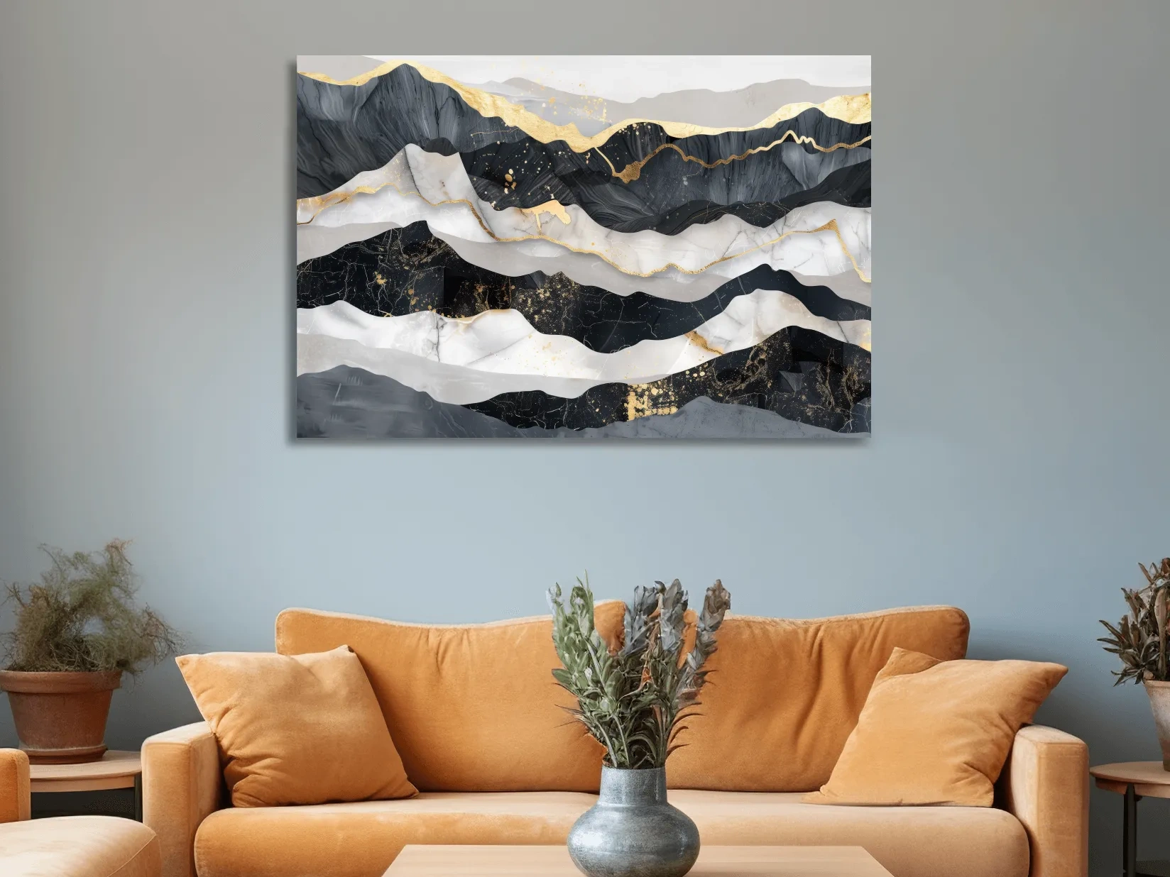 Abstract Black Marble Mountain Layers - Modern Elegant Gold Foil Landscape Wall Art
