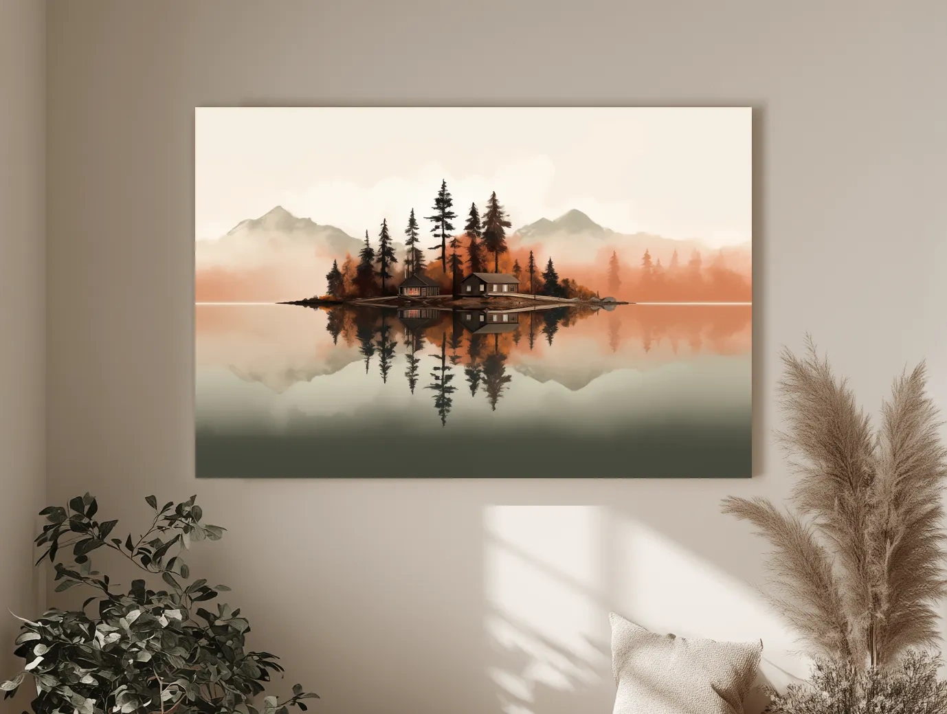 Minimalist Misty Lake Cabin Reflection - Autumn Mountain Landscape Wall Art