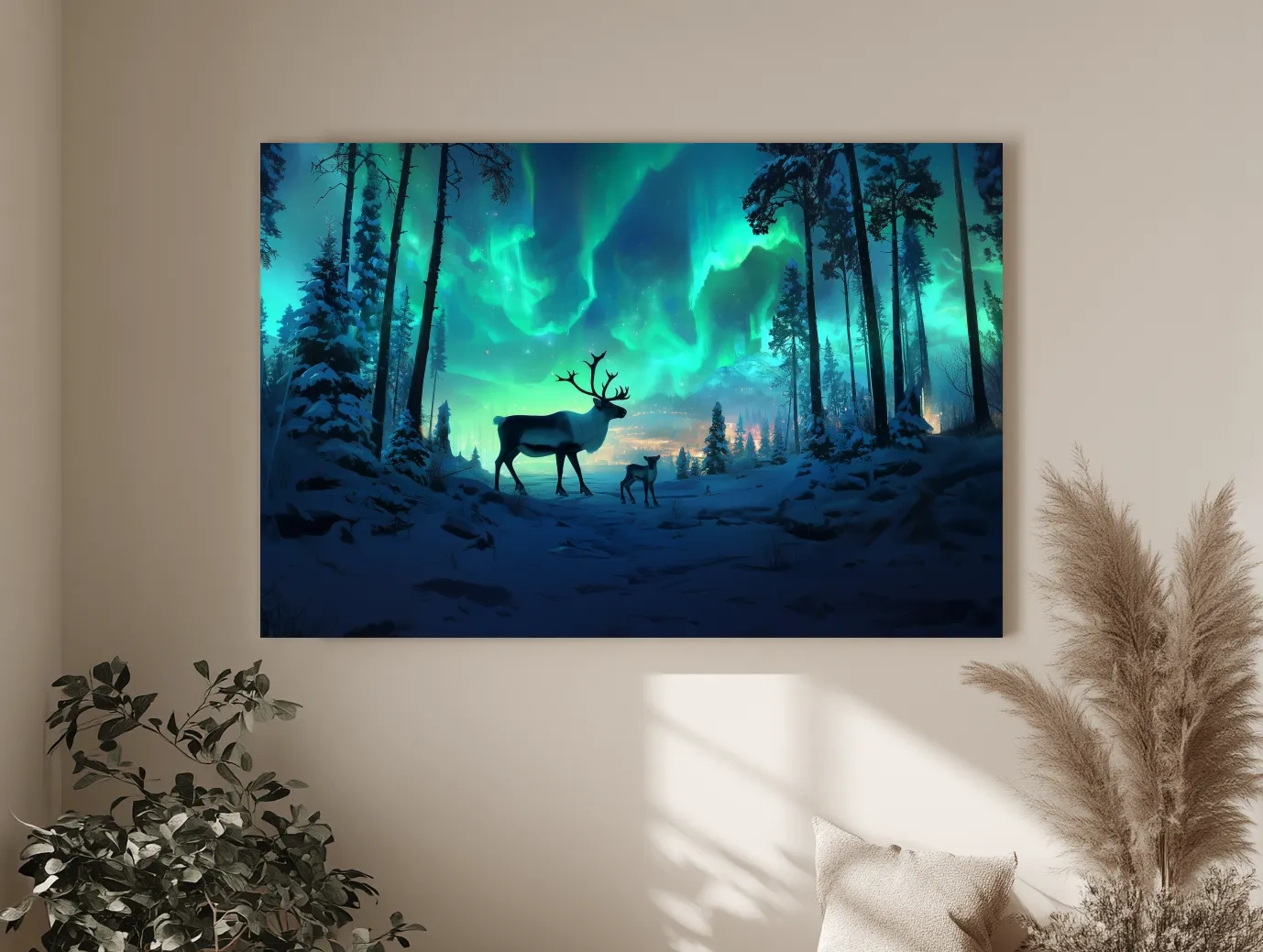 Caribou Buck Under Aurora Borealis Winter Scene - Fantasy Northern Lights Forest Wall Art